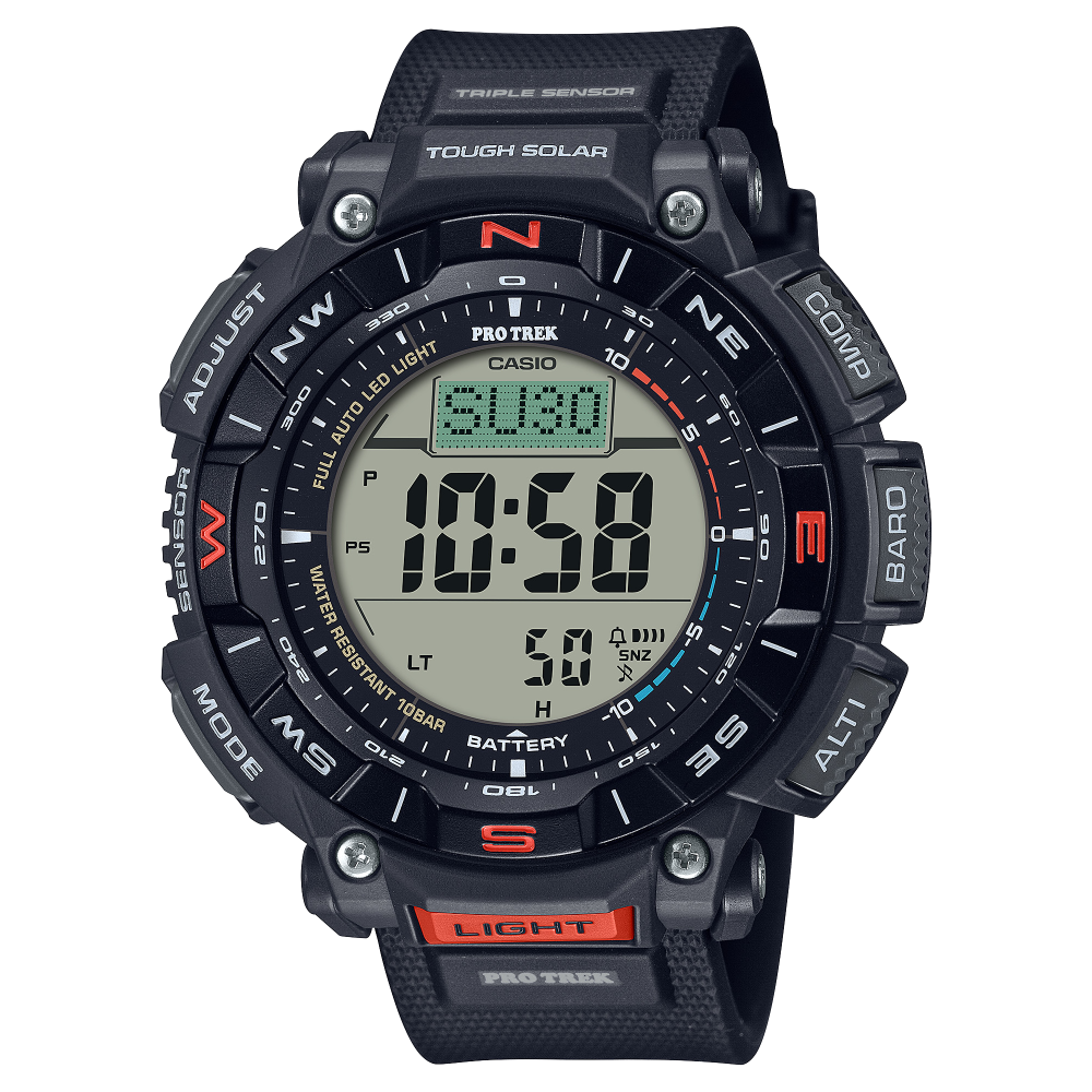 Collection Pro Trek - PRG-340-1ER - Montre Casio – boîtier en résine bio noire avec lunette rotative, bracelet en uréthane noir, affichage numérique – vue de face