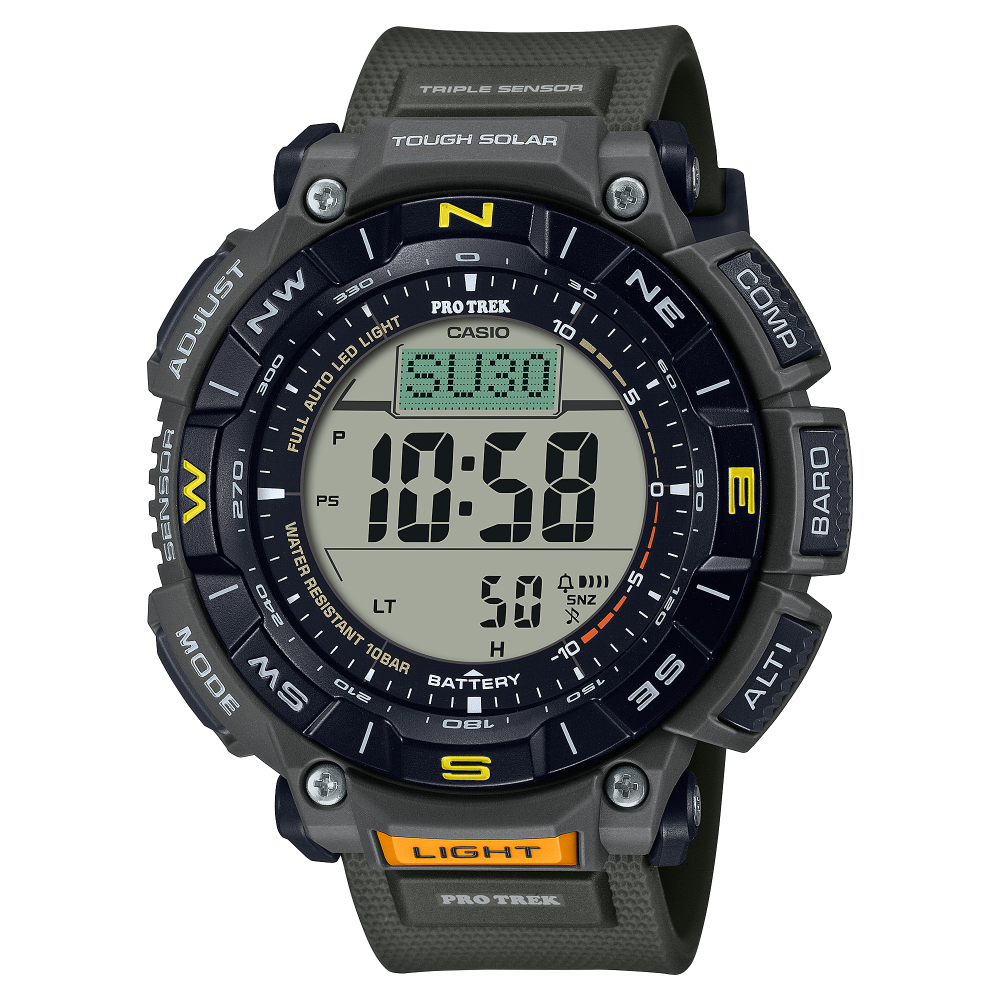 Collection Pro Trek - PRG-340-3ER - Montre Casio – boîtier en résine bio vert avec lunette rotative, bracelet en uréthane vert, affichage numérique – vue de face
