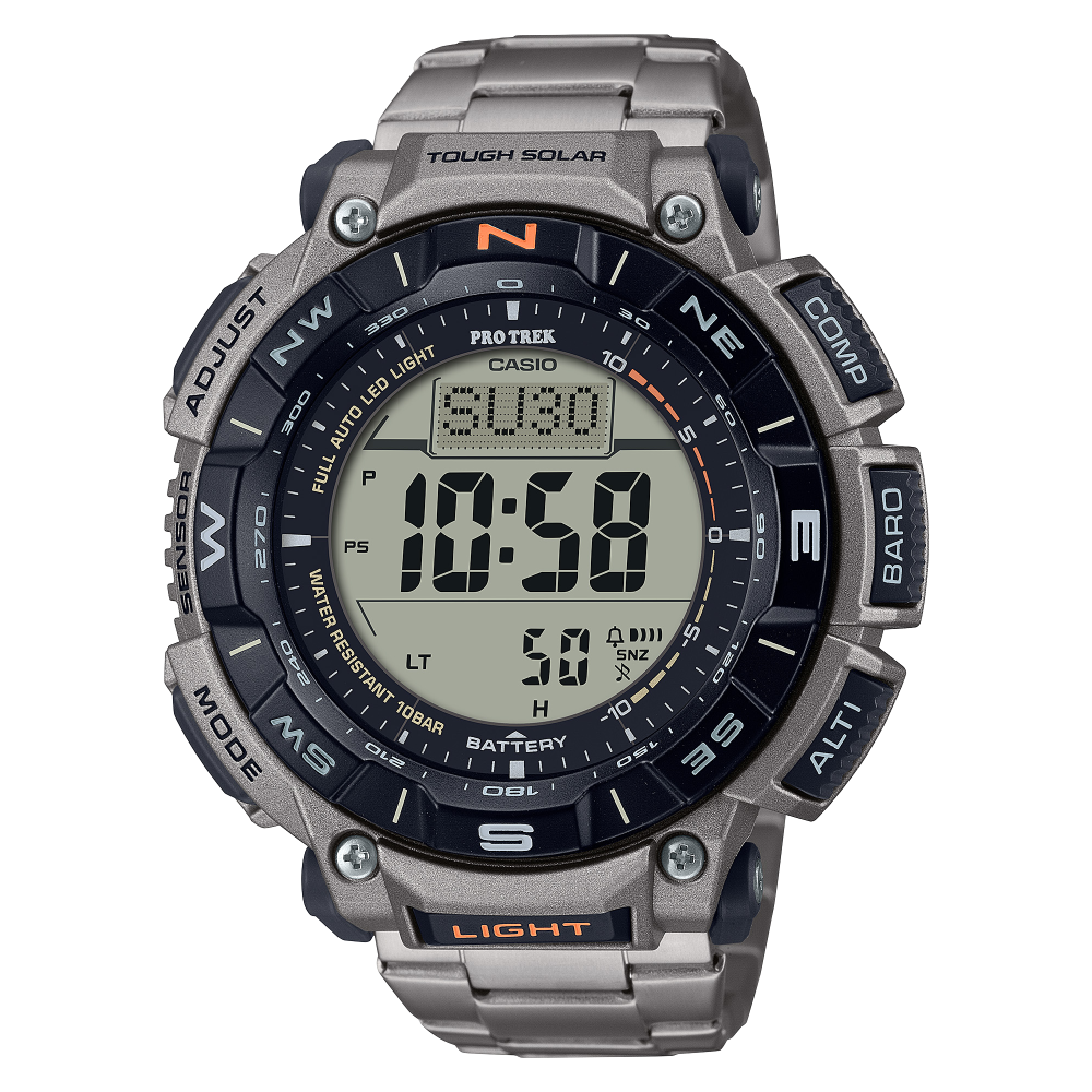 Collection Pro Trek - PRG-340T-7ER - Montre Casio – boîtier en résine bio blanc avec lunette rotative, bracelet en titane argenté, affichage numérique – vue de face