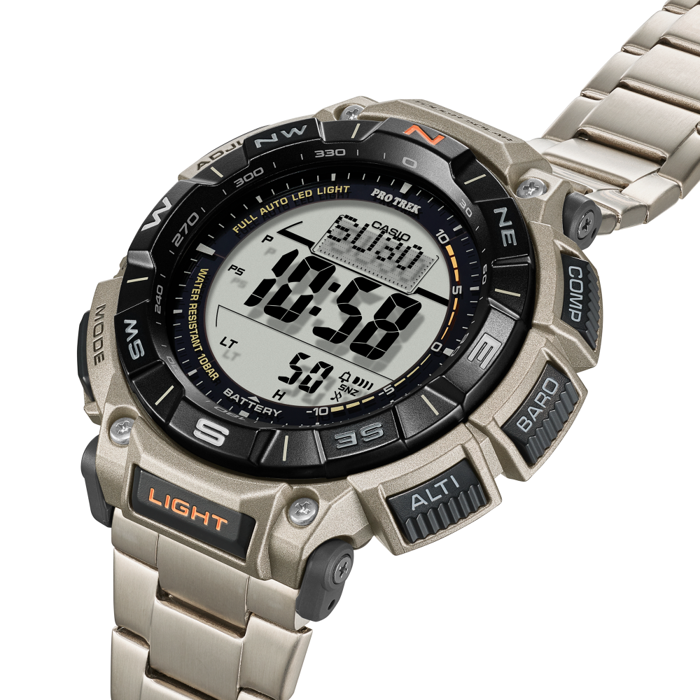 Collection Pro Trek - PRG-340T-7ER - Montre Casio – boîtier en résine bio blanc avec lunette rotative, bracelet en titane argenté, affichage numérique – vue 4