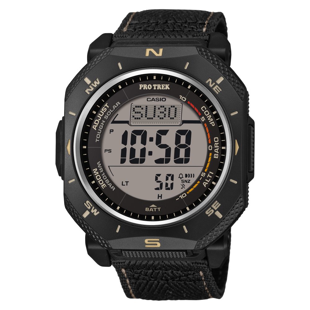 Collection Pro Trek - PRG-69B-1ER - Montre Casio – boîtier angulaire en résine bio noire, bracelet en tissu noir, affichage numérique – vue de face