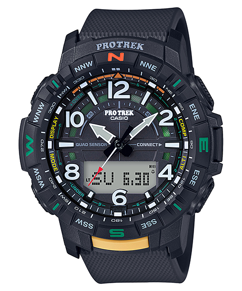 Collection Pro Trek - PRT-B50-1ER - Montre Casio – boîtier en résine noire avec lunette de direction, bracelet en résine noire texturé, aiguilles et écran numérique – vue de face