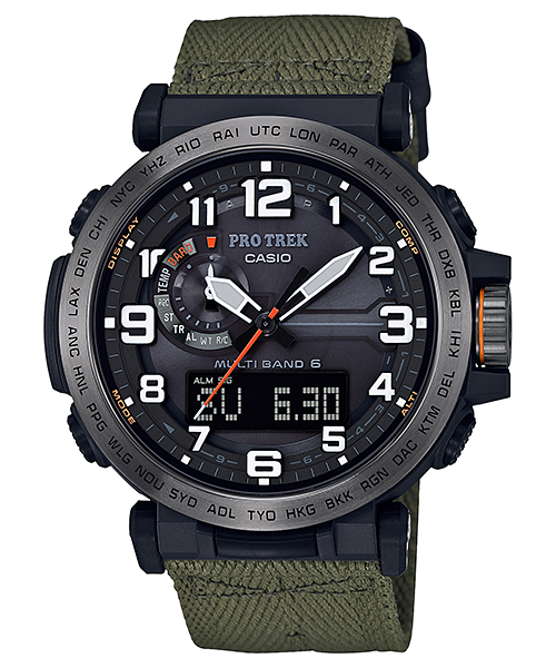 Collection Pro Trek - PRW-6600YB-3ER - Montre Casio – boîtier en résine verte et acier, bracelet en tissu vert, aiguilles et écran numérique – vue de face