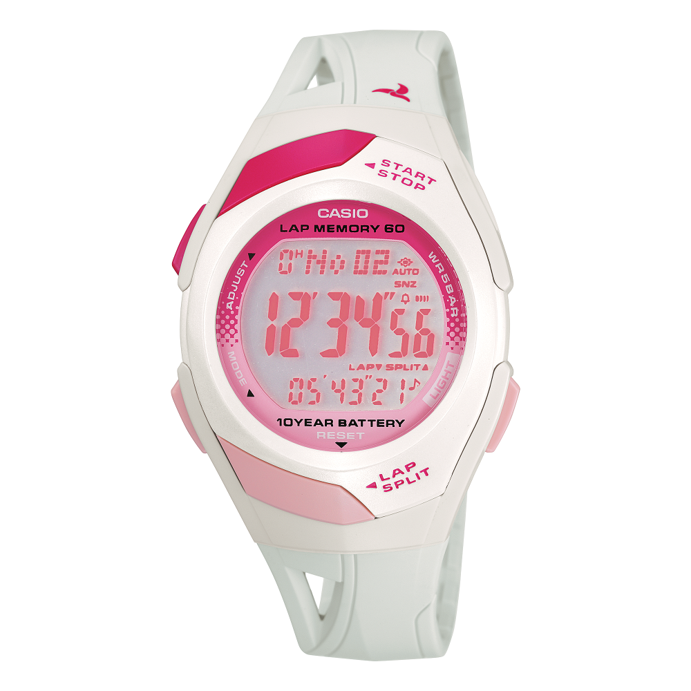 Collection Timeless - STR-300-7EG - Montre Casio – montre numérique de running, boîtier en résine blanc, bracelet en résine blanc – vue de face