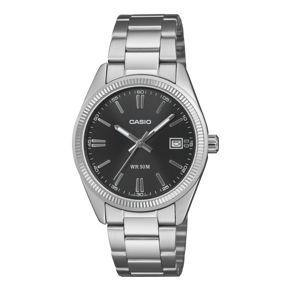 Collection Timeless - UTP-1302PD-1AVEF - Montre Casio – boîtier métallique à placage ionique, cadran noir avec date, bracelet en acier inoxydable – vue de face