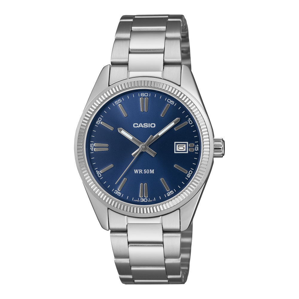 Collection Timeless - UTP-1302PD-2A1VEF - Montre Casio – boîtier métallique à placage ionique, cadran bleu avec date, bracelet en acier inoxydable – vue de face