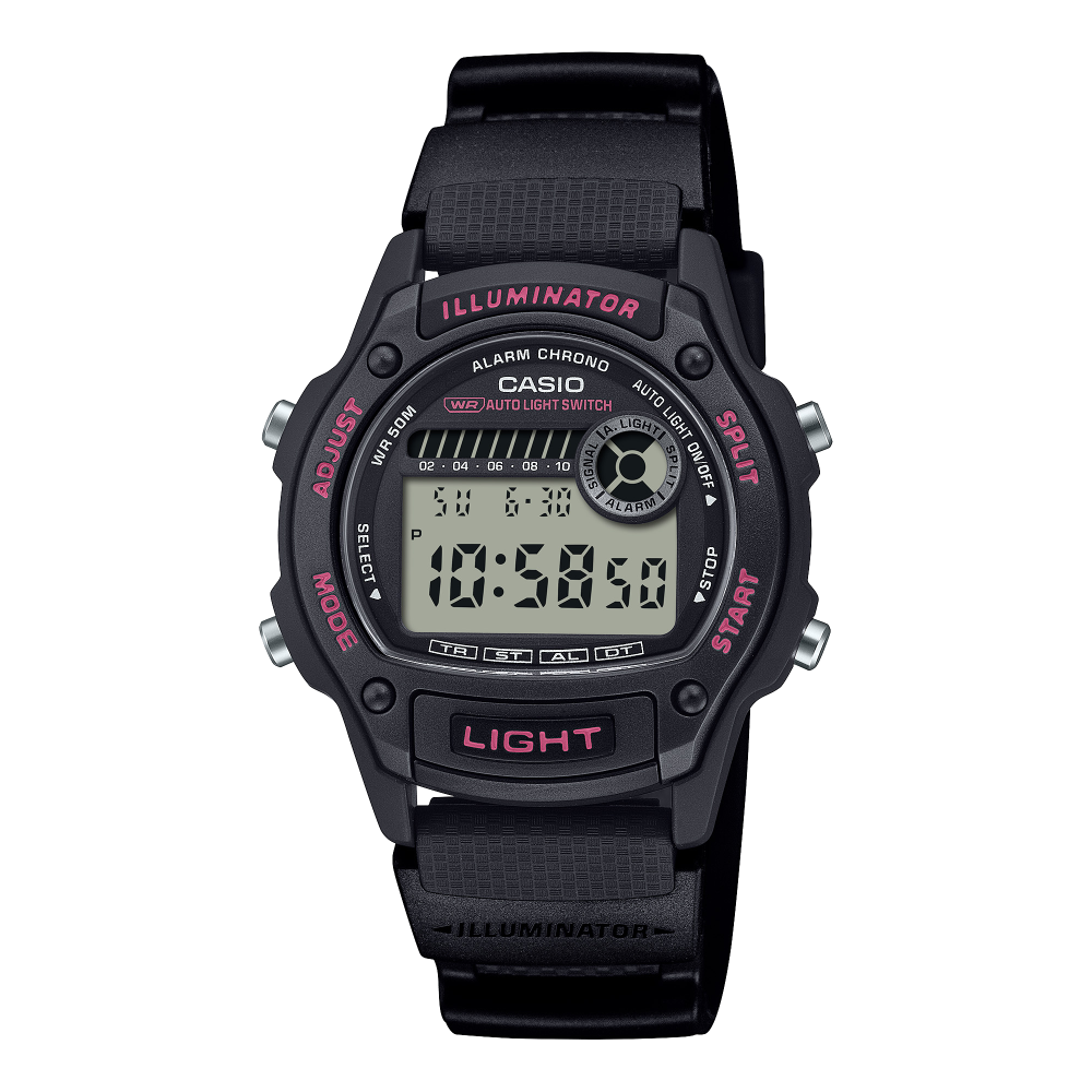 Collection Timeless - W-220H-1A2VEF - Montre Casio – boîtier numérique noir en résine biosourcée, bracelet en résine bio noire – vue de face