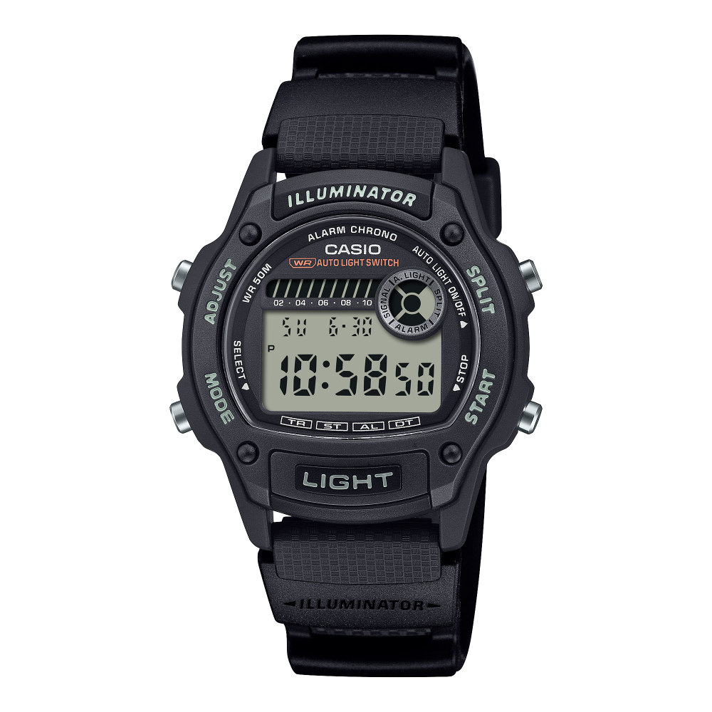 Collection Timeless - W-220H-1AVEF - Montre Casio – boîtier numérique en résine biosourcée noire, bracelet en résine bio noire – vue de face