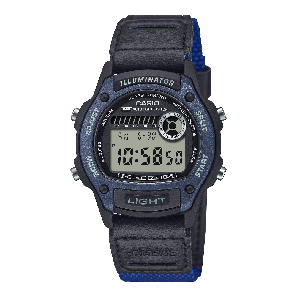 Collection Timeless - W-220HF-2AVEF - Montre Casio – boîtier en résine bleue, bracelet en cuir et tissu bleu – vue de face