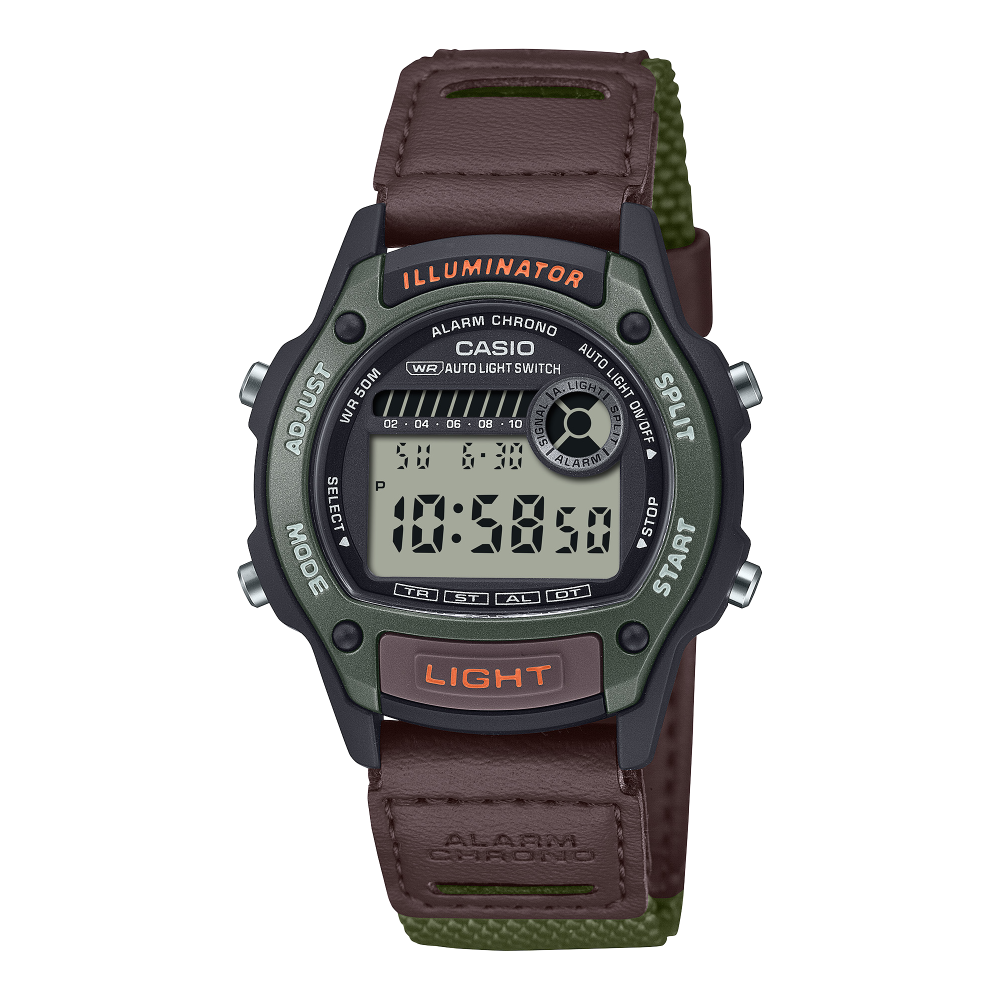 Collection Timeless - W-220HF-3AVEF - Montre Casio – boîtier en résine verte, écran numérique, bracelet en cuir et tissu vert – vue de face