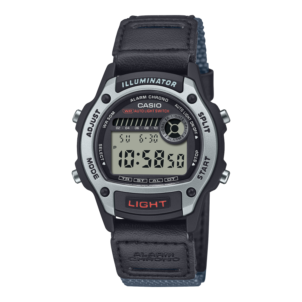 Collection Timeless - W-220HF-8AVEF - Montre Casio – boîtier en résine grise, bracelet en cuir et tissu gris – vue de face
