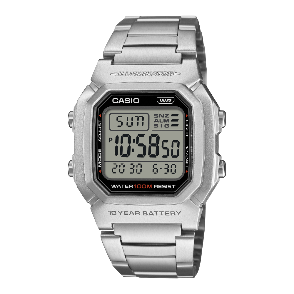 Collection Timeless - W-800HD-1AVEF - Montre Casio – boîtier en résine noire à grand écran numérique, bracelet en acier inoxydable argenté – vue de face
