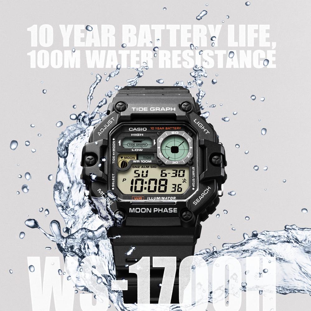 Collection Timeless - WS-1700H-1AVEF - Montre Casio – montre numérique, grand boîtier en résine noir à façade multi-fenêtres, bracelet en résine noir – vue 2