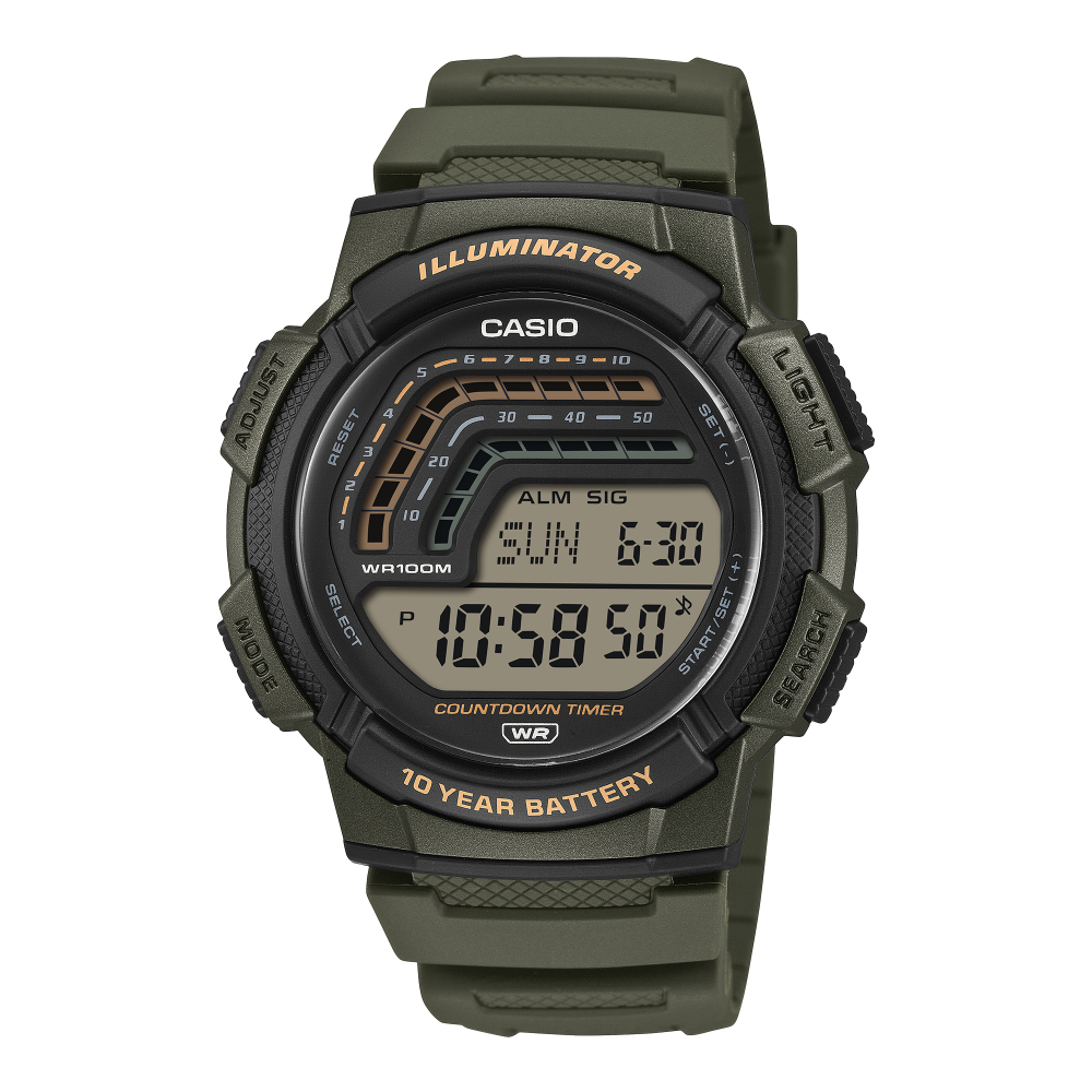 Collection Timeless - WS-1800-3AVEF - Montre Casio – boîtier numérique en résine verte, bracelet en résine verte – vue de face
