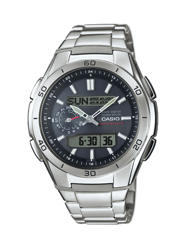 Collection Radio-pilotée - WVA-M650D-1AER - Montre Casio – boîtier en résine et acier, cadran noir, bracelet en acier inoxydable argenté, aiguilles et double écran numérique – vue de face