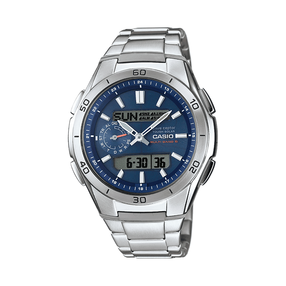 Collection Radio-pilotée - WVA-M650D-2AER - Montre Casio – boîtier en résine et acier, cadran bleu, bracelet en acier inoxydable argenté, aiguilles et double écran numérique – vue de face