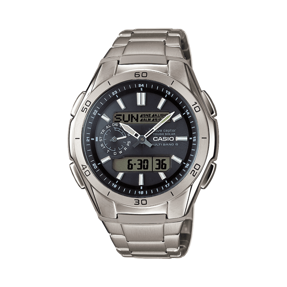 Collection Radio-pilotée - WVA-M650TD-1AER - Montre Casio – boîtier en résine noire avec lunette en titane, bracelet en titane, aiguilles et écran numérique – vue de face