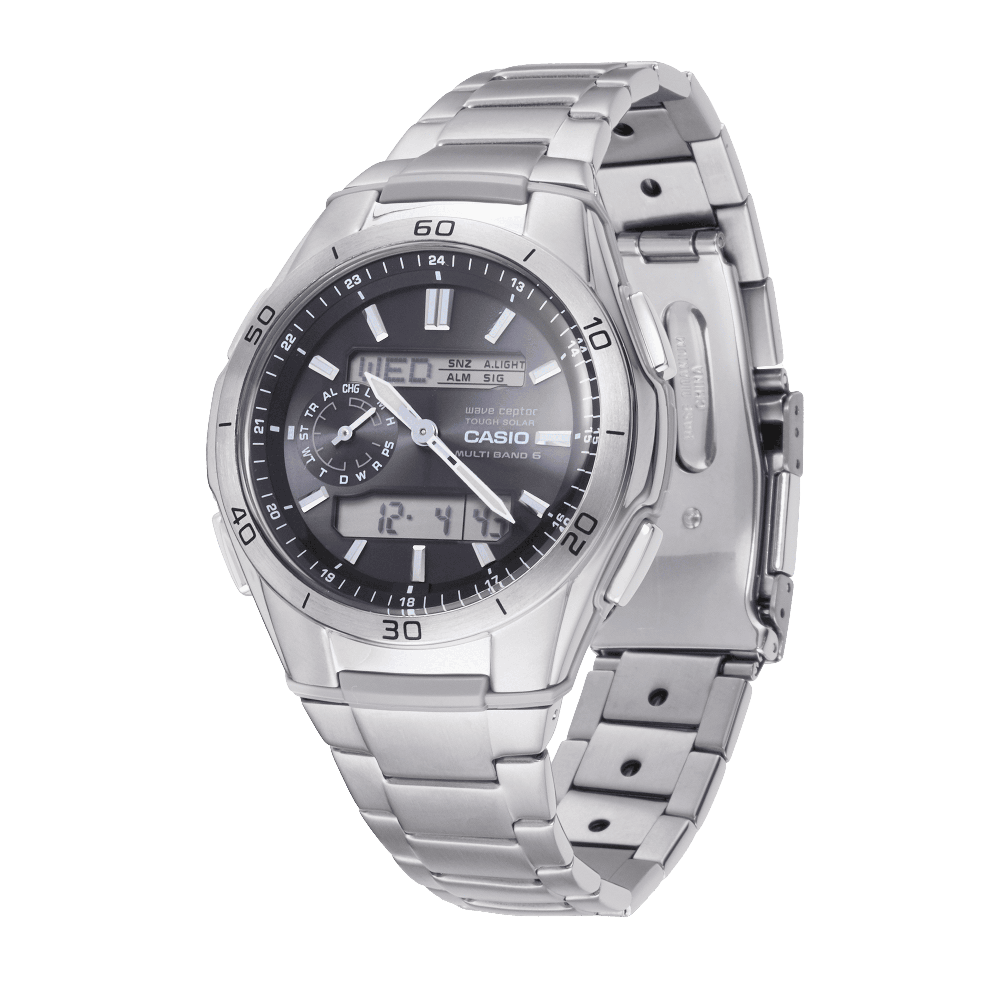 Collection Radio-pilotée - WVA-M650TD-1AER - Montre Casio – boîtier en résine noire avec lunette en titane, bracelet en titane, aiguilles et écran numérique – vue 2