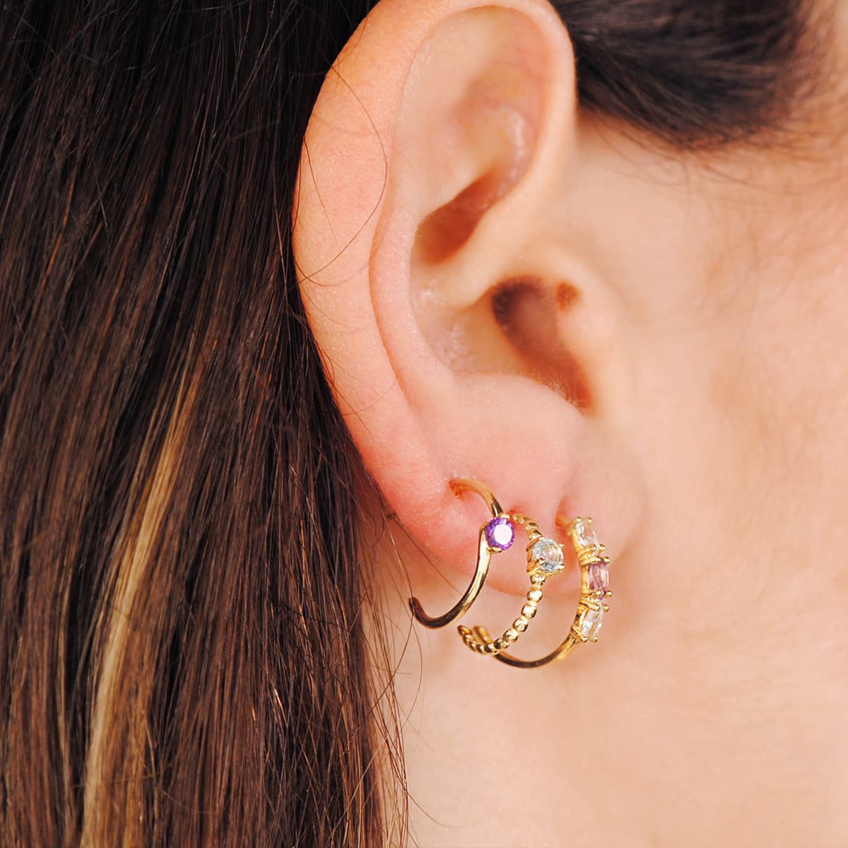 18K Boucles d'oreilles Demi-créoles Or Jaune Améthyste Taille Marquise. 15X2 mm