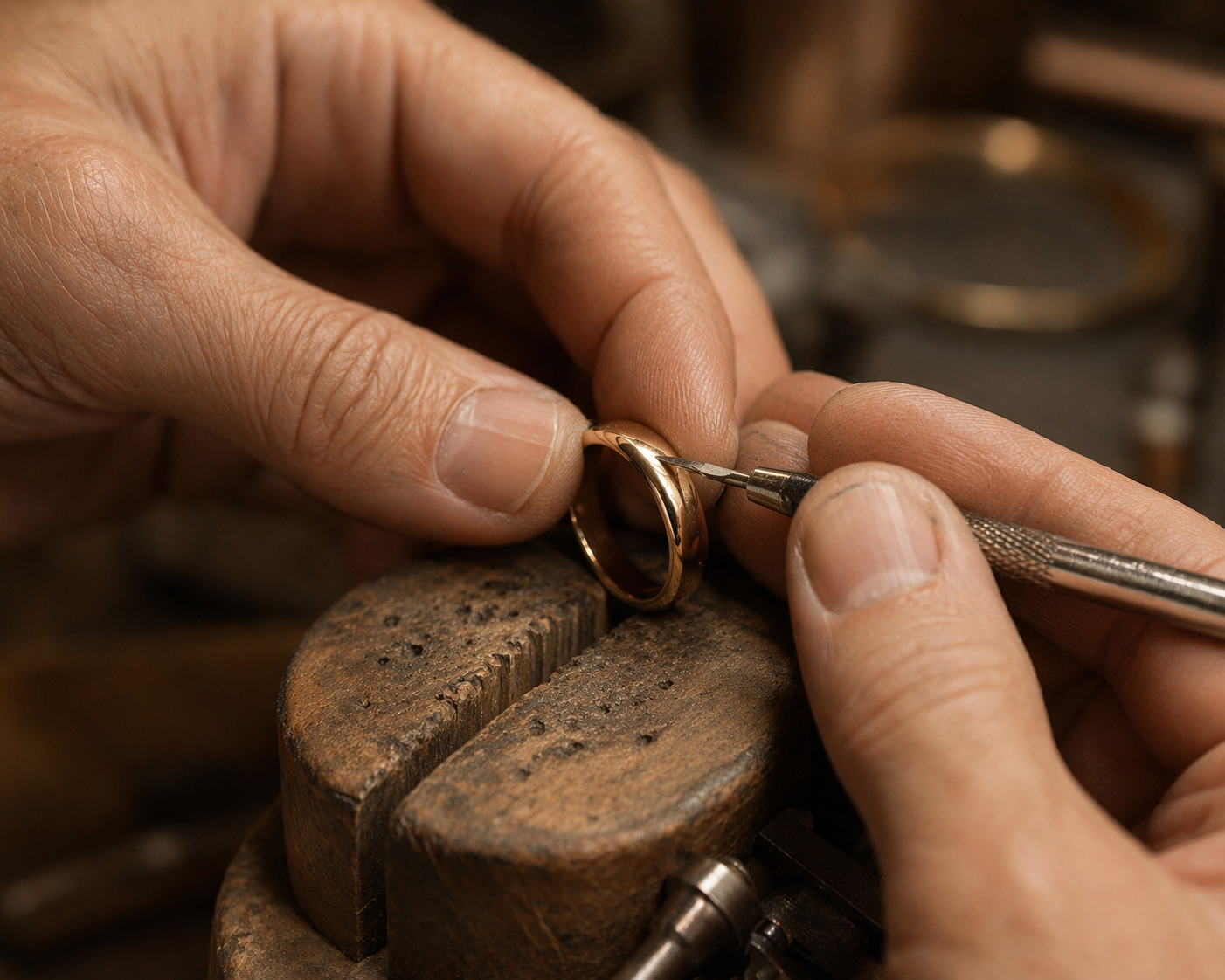 Artisan bijoutier réparant une bague avec outil de précision en atelier de bijouterie