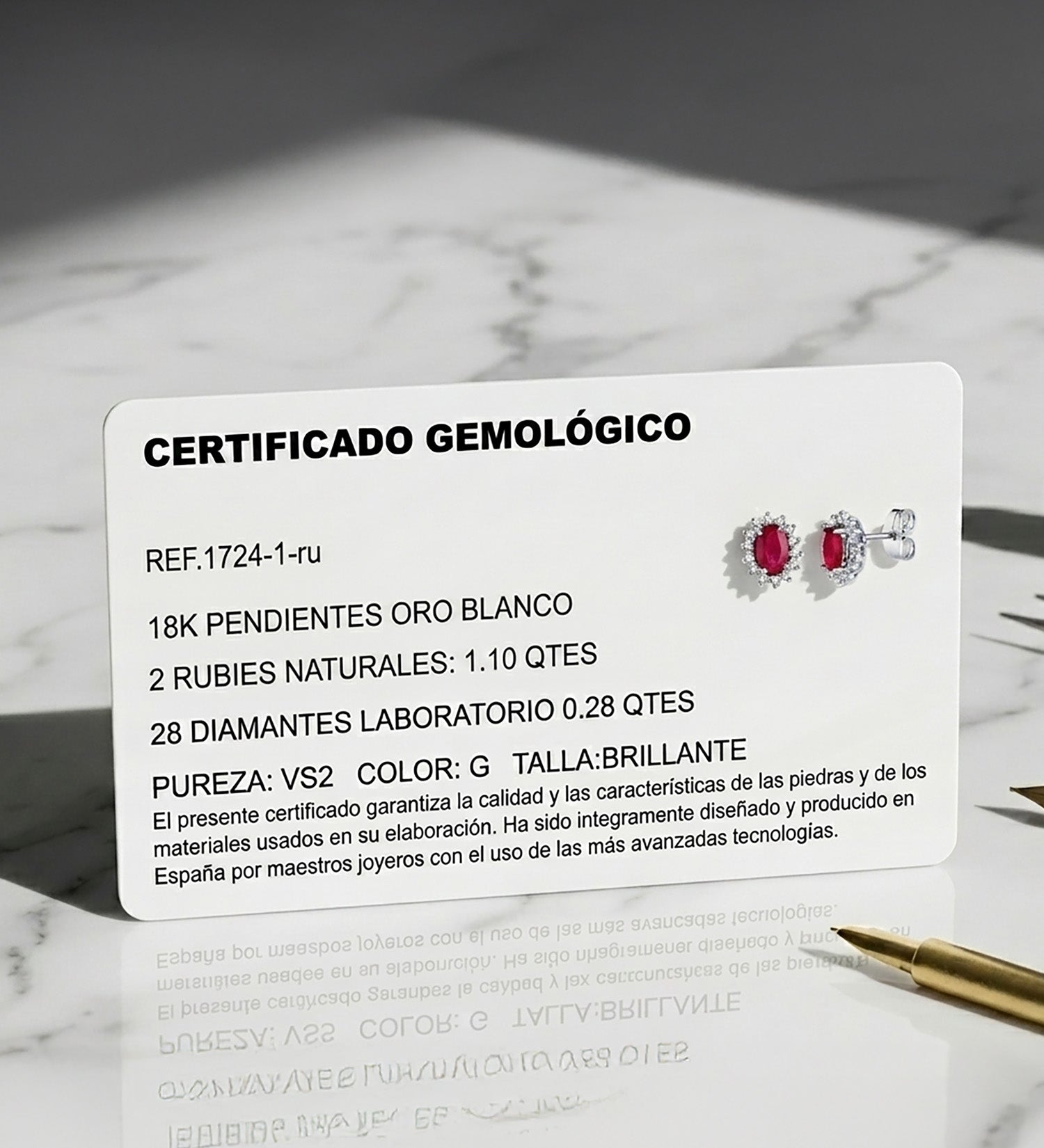 18K fehérarany fülbevaló 28 laboratóriumi gyémánt és rubin 6x4 mm 1,10 Qt 0,28 Qt VS2-G pillangó kapocs 9,5x8 mm