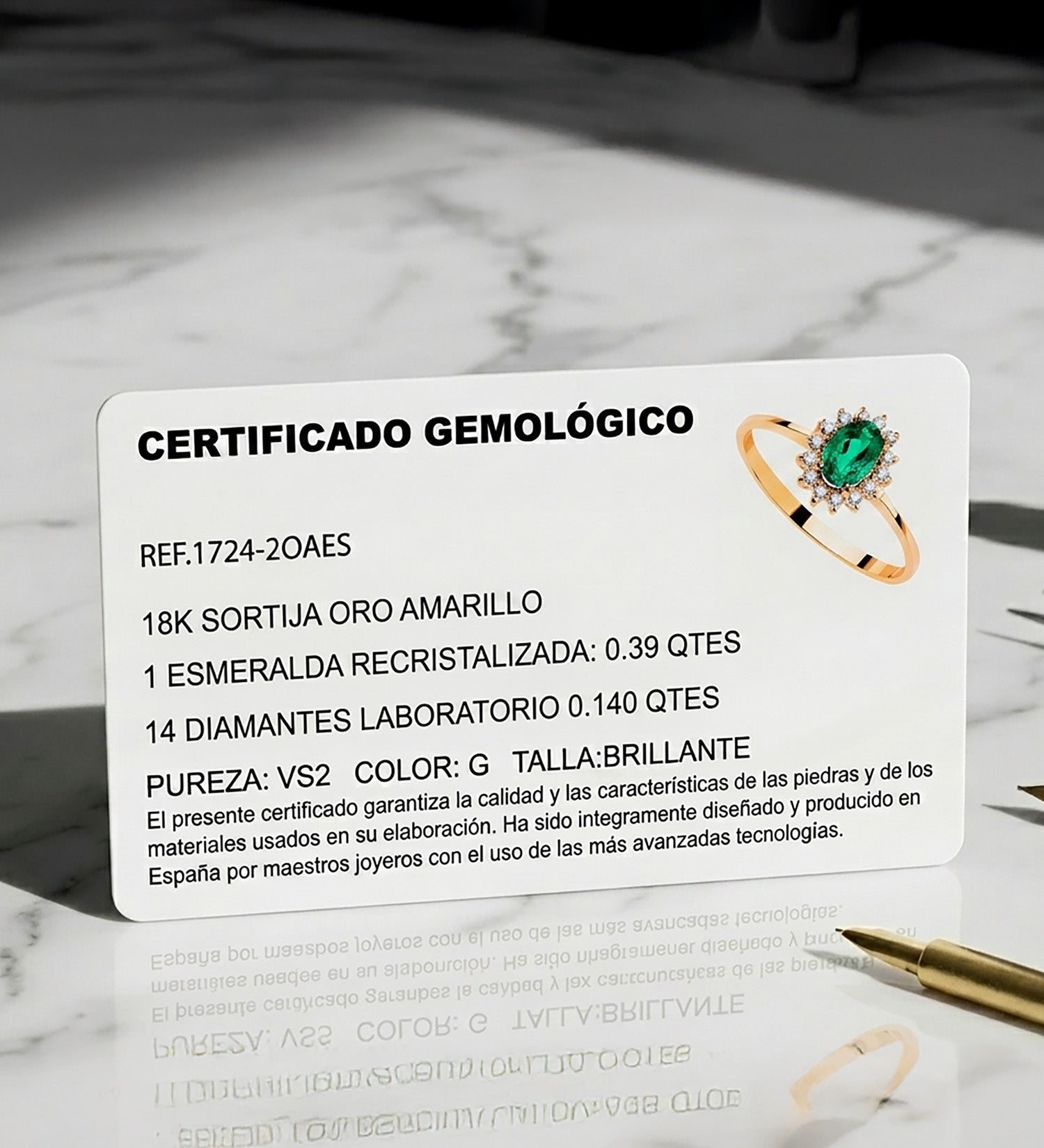18K gul guldring Smaragd 6X4MM 0,39 Cts Diamanter 0,140 Cts VS2-G 9,5X8 mm