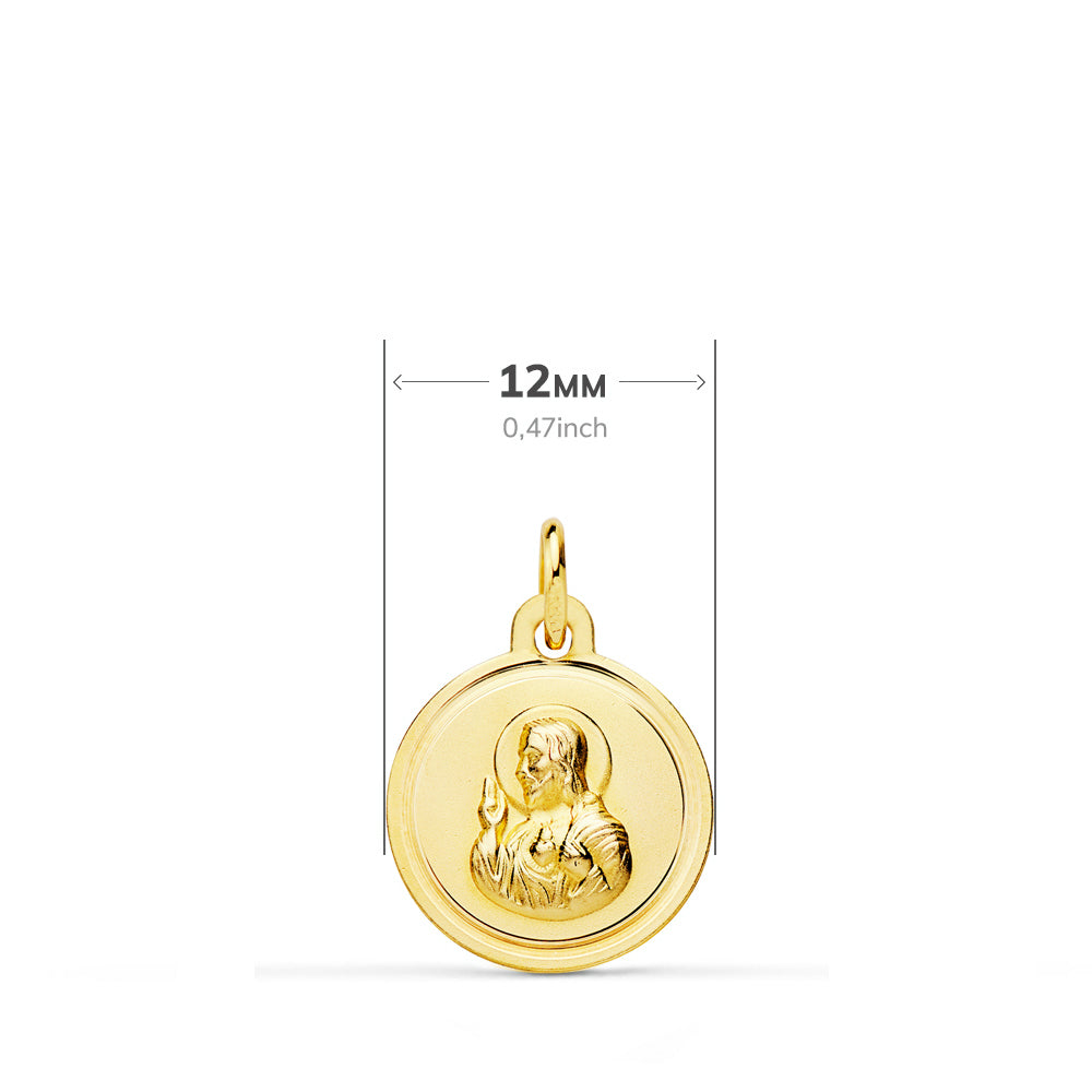 Escapulario Oro Amarillo 18K Bisel Virgen Del Carmen Corazón de Jesús 12 mm
