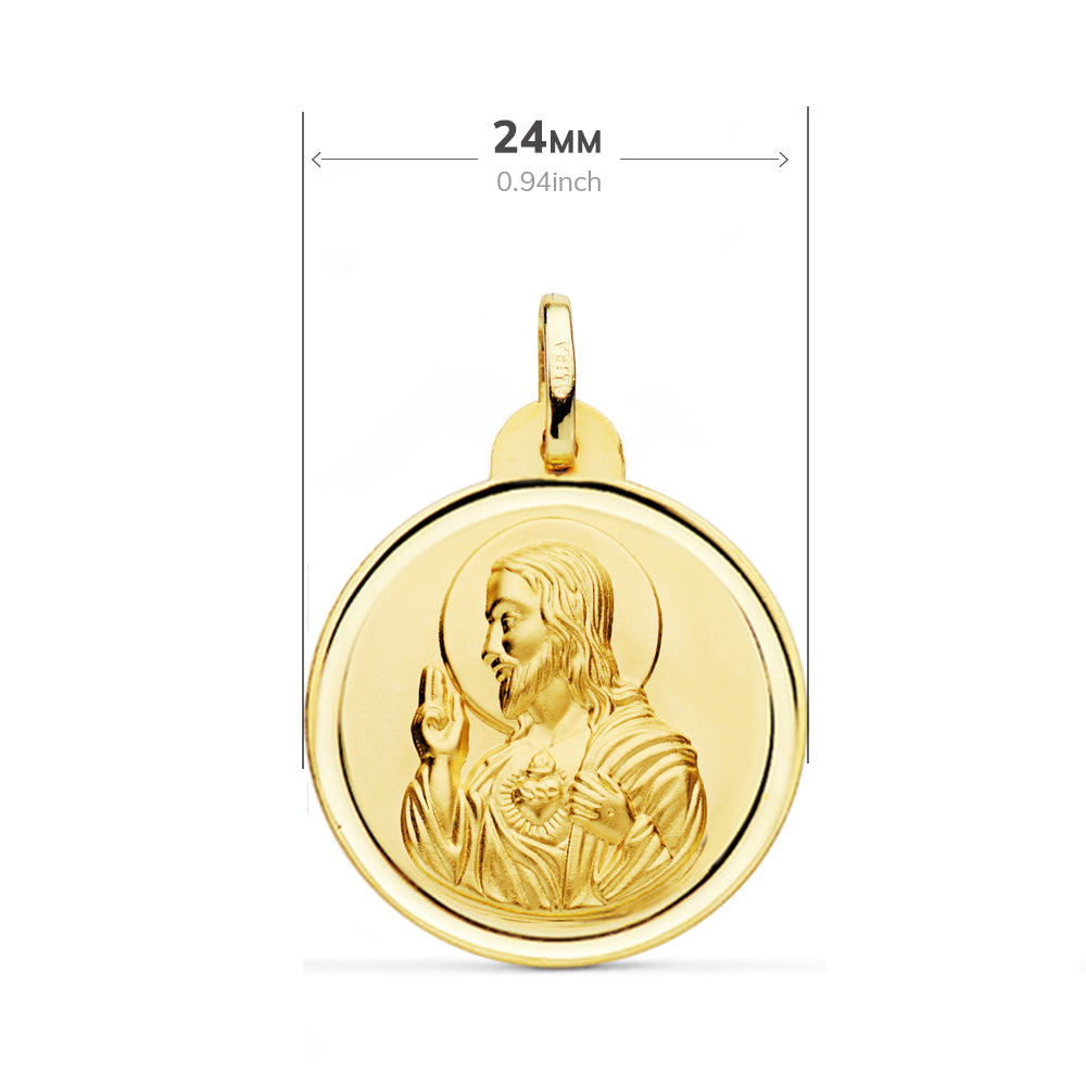 Oro Amarillo 18K Bisel Escapulario Virgen Del Carmen Corazón Jesús 24 mm