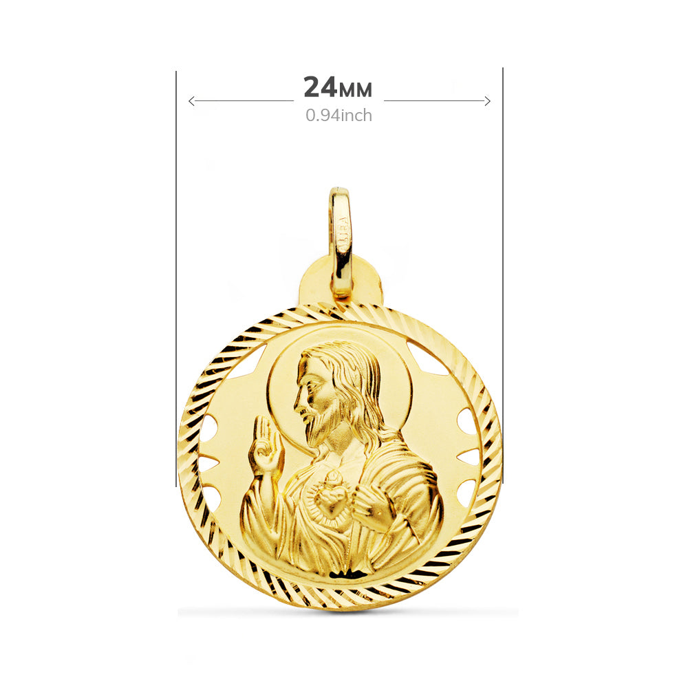 18K Yellow Gold Openwork Scapular Virgin of Mount Carmel and Sacred Heart 24 mm