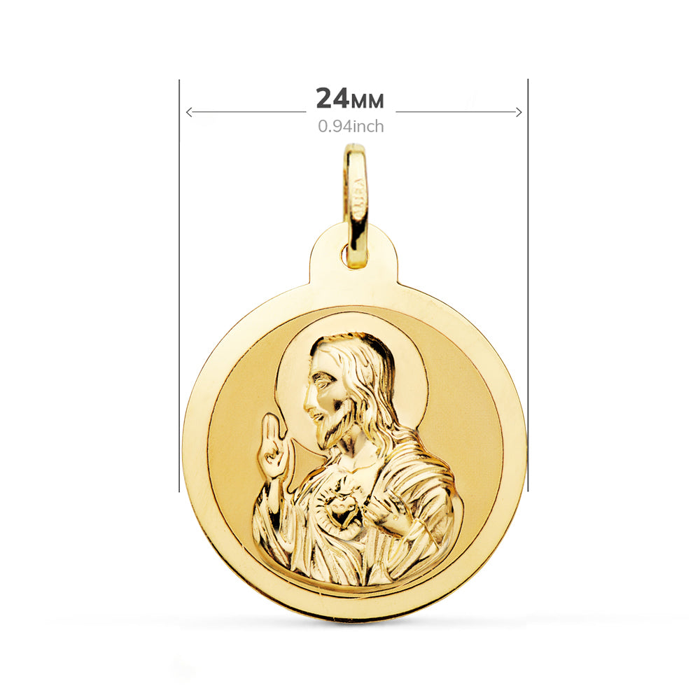 Scapular Or Jaune Brillant 18K Vierge Del Carmen Coeur Jésus 24 mm