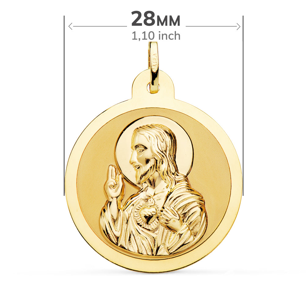 Scapulaire Vierge du Carmen et C?ur de Jésus en Or Jaune Brillant 18K 28 mm