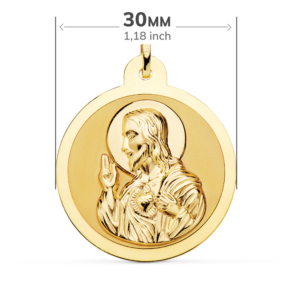 Scapulaire Vierge du Carmen et C?ur de Jésus en Or Jaune Brillant 18K 30 mm