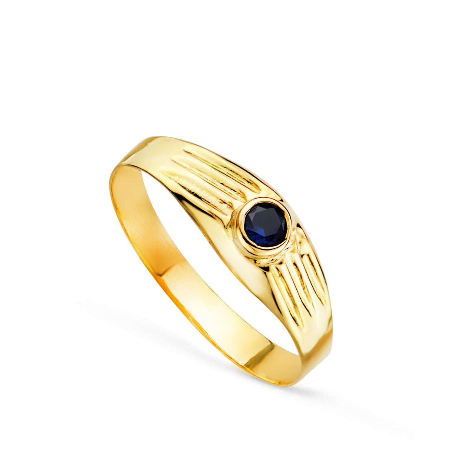 18K Solitario Oro Amarillo Hueco de Bebe O Meñique Circonita Azul 3MM Yanal Galloneado