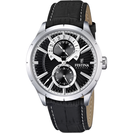 Heren horloge Festina MULTIFUNCTIONEEL F16573/3 – leren band met zwarte en witte wijzerplaat – vooraanzicht