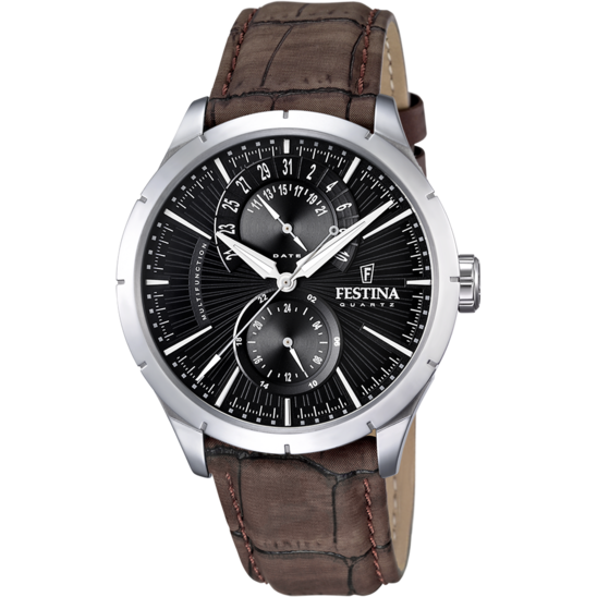 Heren horloge Festina MULTIFUNCTIONEEL F16573/4 – leren band met zwarte wijzerplaat – vooraanzicht