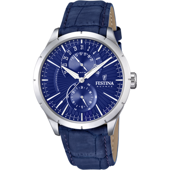 Heren horloge Festina MULTIFUNCTIONEEL F16573/7 – marineblauwe leren band met wijzerplaat – vooraanzicht