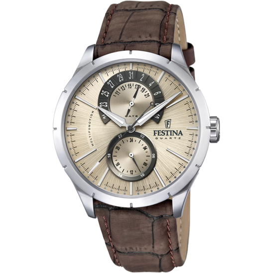 Heren horloge Festina MULTIFUNCTIONEEL F16573/9 – zwarte wijzerplaat en crème lederen band – vooraanzicht