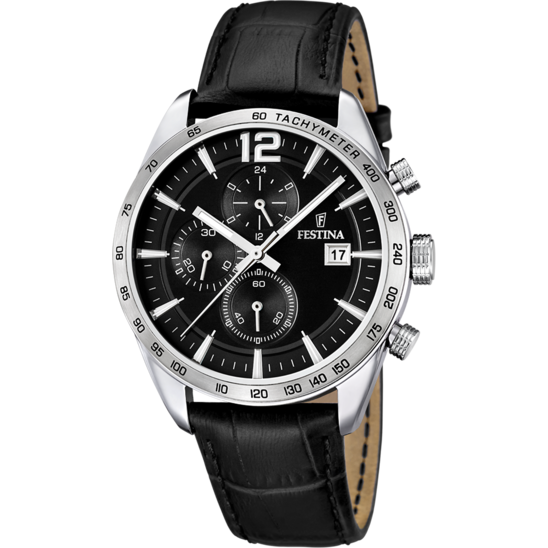 Herrklocka Festina TIDLÖS KRONOGRAF F16760/4 – svart läderrem med urtavla – framifrån