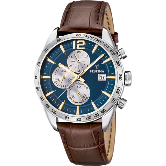 Herrklocka Festina TIDLÖS KRONOGRAF F16760/7 – marinblå urtavla läderrem – framifrån
