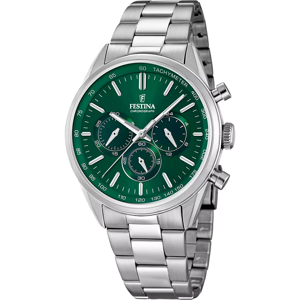 Montre homme Festina TIMELESS CHRONOGRAPH F16820/R – cadran vert bracelet acier – vue de face