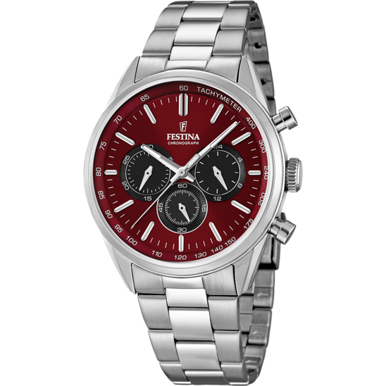 Pánské hodinky Festina TIMELESS CHRONOGRAPH F16820/S – ocelový náramek s granátovým ciferníkem – pohled zepředu