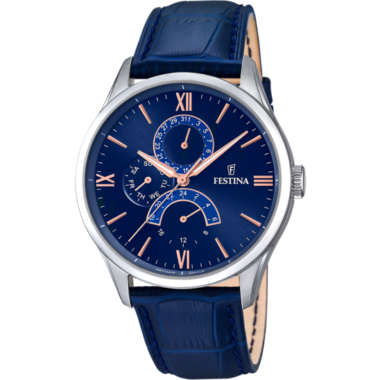 Montre homme Festina MULTIFUNCTION F16823/3 – cadran bleu bracelet cuir – vue de face