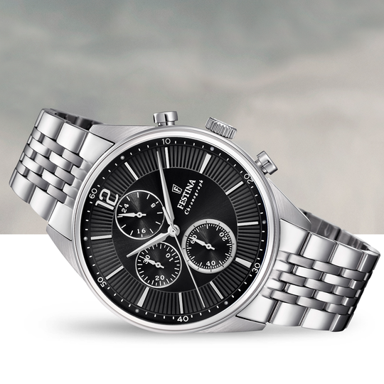 Montre homme Festina TIMELESS CHRONOGRAPH F20285/4 – cadran noir bracelet acier – vue de profil