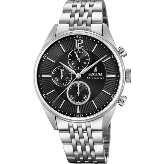 Montre homme Festina TIMELESS CHRONOGRAPH F20285/4 – cadran noir bracelet acier – vue de face