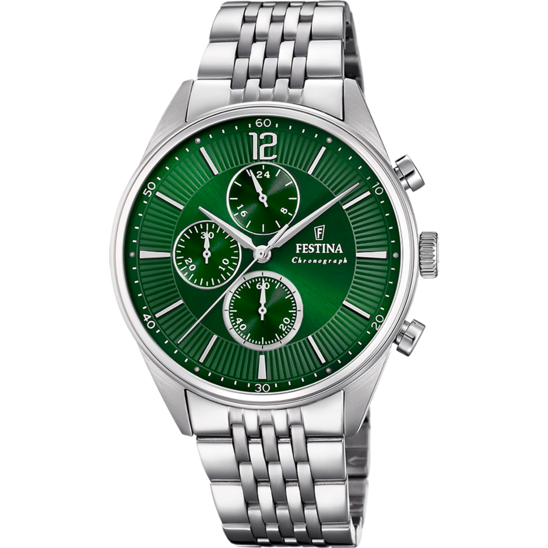 Montre homme Festina TIMELESS CHRONOGRAPH F20285/8 – cadran vert foncé bracelet acier – vue de face
