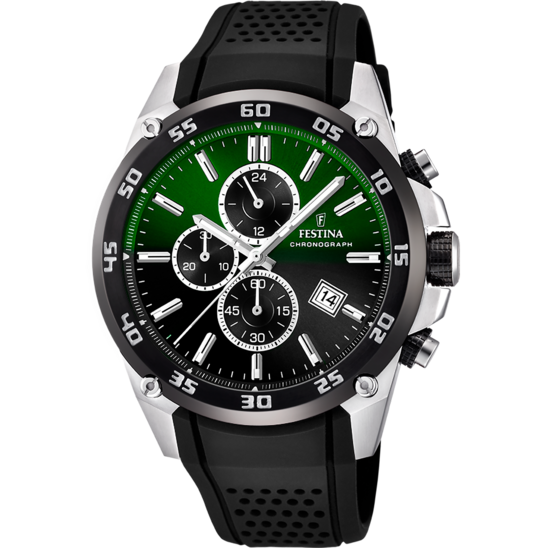 Montre homme Festina THE ORIGINALS F20330/B – cadran noir et vert bracelet plastique – vue de face