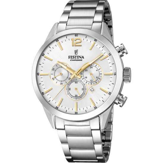 Heren horloge Festina TIJDLOZE CHRONOGRAAF F20343/1 – stalen band met zilveren wijzerplaat – vooraanzicht