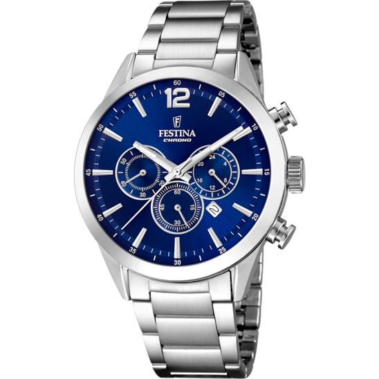Heren horloge Festina TIJDLOZE CHRONOGRAAF F20343/7 – marineblauwe stalen band met wijzerplaat – vooraanzicht