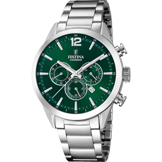 Heren horloge Festina TIJDLOZE CHRONOGRAAF F20343/B – donkergroene stalen band met wijzerplaat – vooraanzicht