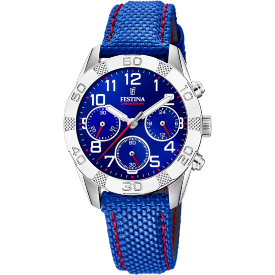 Kinderhorloge Festina JUNIOR F20346/2 – leren band met blauwe wijzerplaat – vooraanzicht